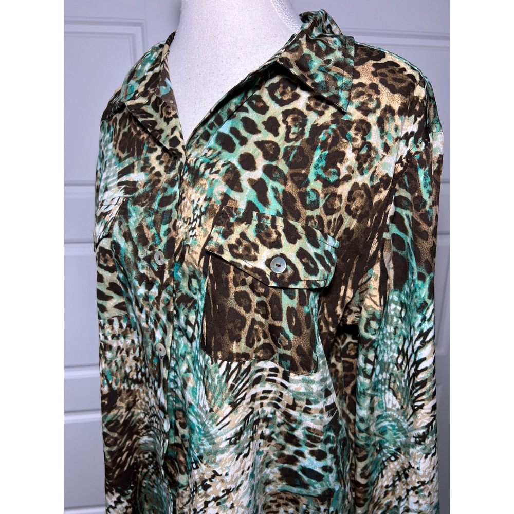 Chicos 2 Brown Animal Green Fern Safari Button Down Shirt Long Sleeve Top LG 10 - Picture 2 of 7